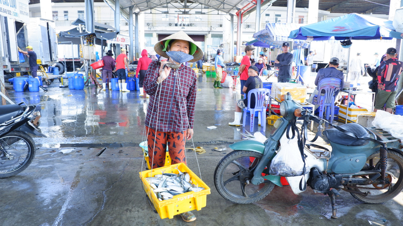 Các tiểu thương nhỏ lẻ, quang gánh mua cá mang về chợ bán, phục vụ nhu cầu người dân TP. Đà Nẵng vào buổi chiều tối. (Ảnh: Nguyễn Thành)