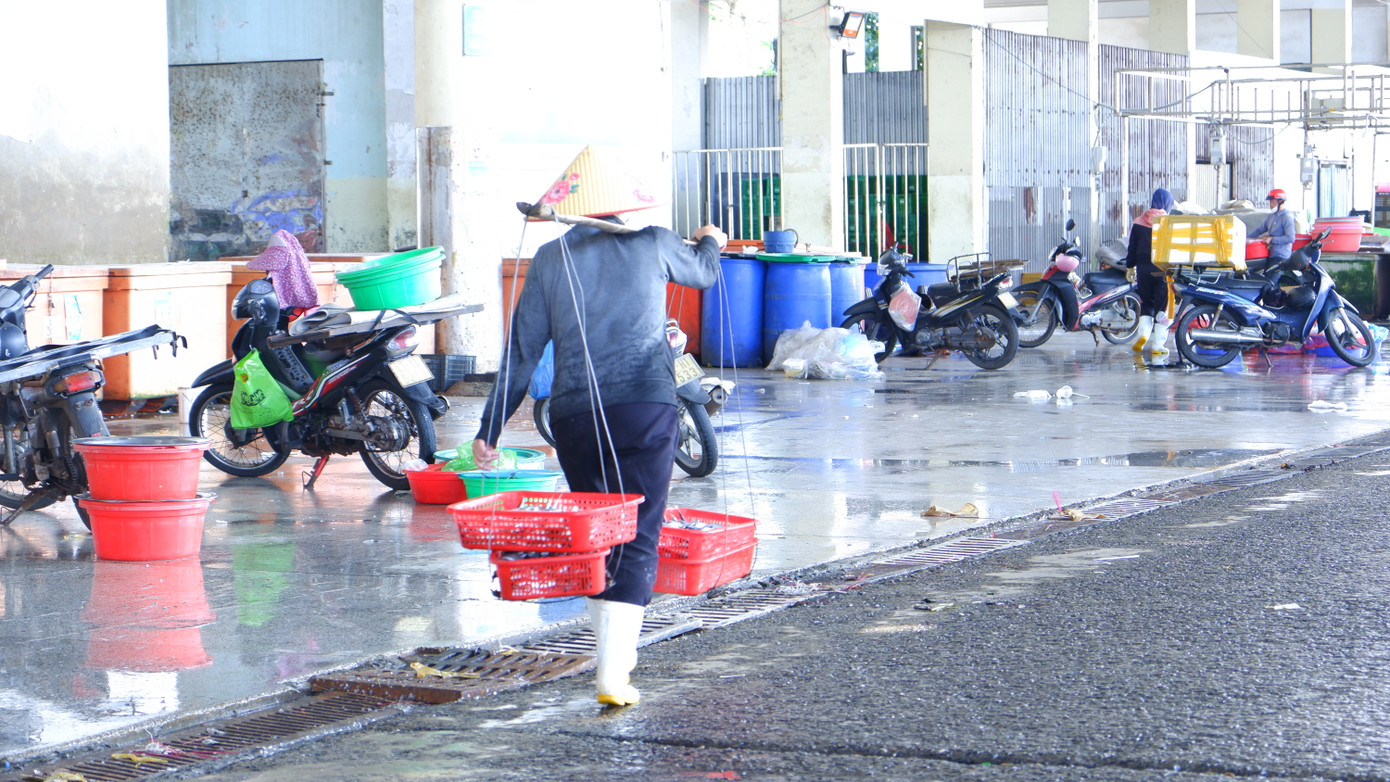 Các tiểu thương nhỏ lẻ, quang gánh mua cá mang về chợ bán, phục vụ nhu cầu người dân TP. Đà Nẵng vào buổi chiều tối. (Ảnh: Nguyễn Thành)