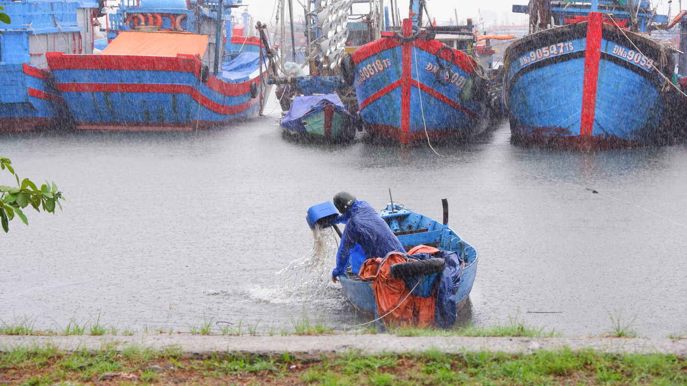 Một ngư dân tranh thủ tát nước trong ghe tại âu thuyền Thọ Quang để kéo lên bờ, tránh bị chìm trong mưa, bão. Một ngư dân tranh thủ tát nước trong ghe tại âu thuyền Thọ Quang để kéo lên bờ, tránh bị chìm trong mưa, bão.