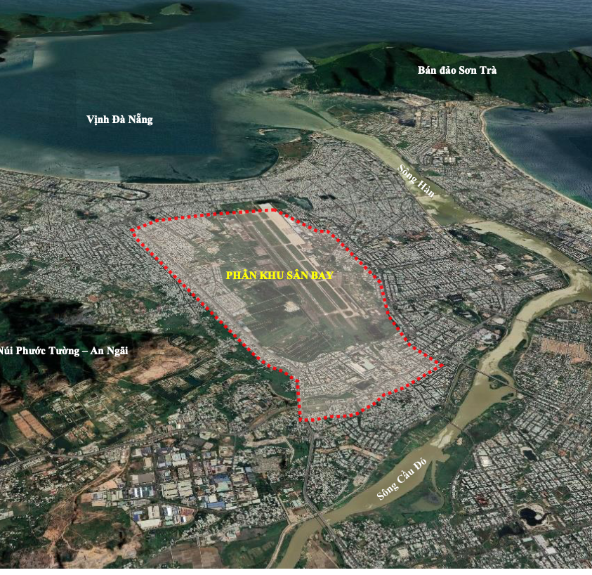 Địa hình phân khu sân bay Đà Nẵng. Khu vực quy hoạch giới hạn bởi đường Điện Biên Phủ phía Bắc, Trường Chinh phía Tây, Nguyễn Hữu Thọ phía Đông, Cách Mạng Tháng Tám phía Nam.