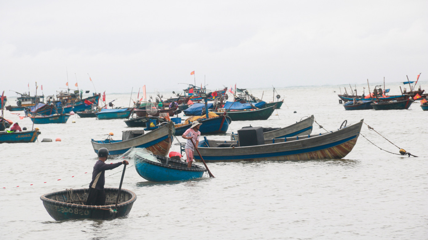 Tại vịnh Mân Thái, tranh thủ thời tiết tạnh mưa, hàng trăm ngư dân có thuyền thúng, thuyền gắn máy cũng đang khẩn trương bắt tay vào việc di chuyển phương tiện lên bờ. Tại vịnh Mân Thái, tranh thủ thời tiết tạnh mưa, hàng trăm ngư dân có thuyền thúng, thuyền gắn máy cũng đang khẩn trương bắt tay vào việc di chuyển phương tiện lên bờ.