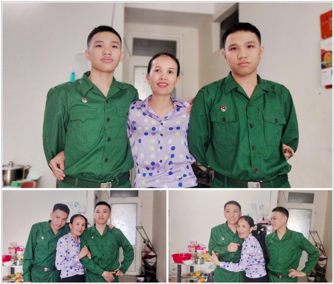 Quá 12h trưa, chị Nguyễn Thị Hồng Oanh (43 tuổi) mẹ của Chấn và Chỉnh đi làm từ quận Ngũ Hành Sơn xa hơn 10km mới về đến nhà. Nhìn hai con trong bộ quân phục, chị Oanh không khỏi vui mừng, ôm chầm lấy các con. Vợ chồng chia tay, một mình chị Oanh vất vả nuôi 3 con. Để có tiền nuôi các con ăn học, chị làm dịch vụ lau dọn nhà cửa, với tiền công tính theo giờ. Người con trai đầu của chị đang học lớp 12 Trung tâm giáo dục thường xuyên số 2 Đà Nẵng. "Các cháu nhập ngũ khi vừa tròn 18 tuổi. Đó là độ tuổi rất đẹp. Vừa thực hiện nghĩa vụ công dân với đất nước lại vừa có môi trường rèn luyện, trưởng thành. Hồi đầu tôi có chút lo lắng nhưng giờ rất tự hào về các con. Cả hai biết suy nghĩ cho mẹ, suy nghĩ cho bản thân và vững vàng cùng bạn bè, đồng đội lên đường phục vụ đất nước”, chị Oanh chia sẻ.