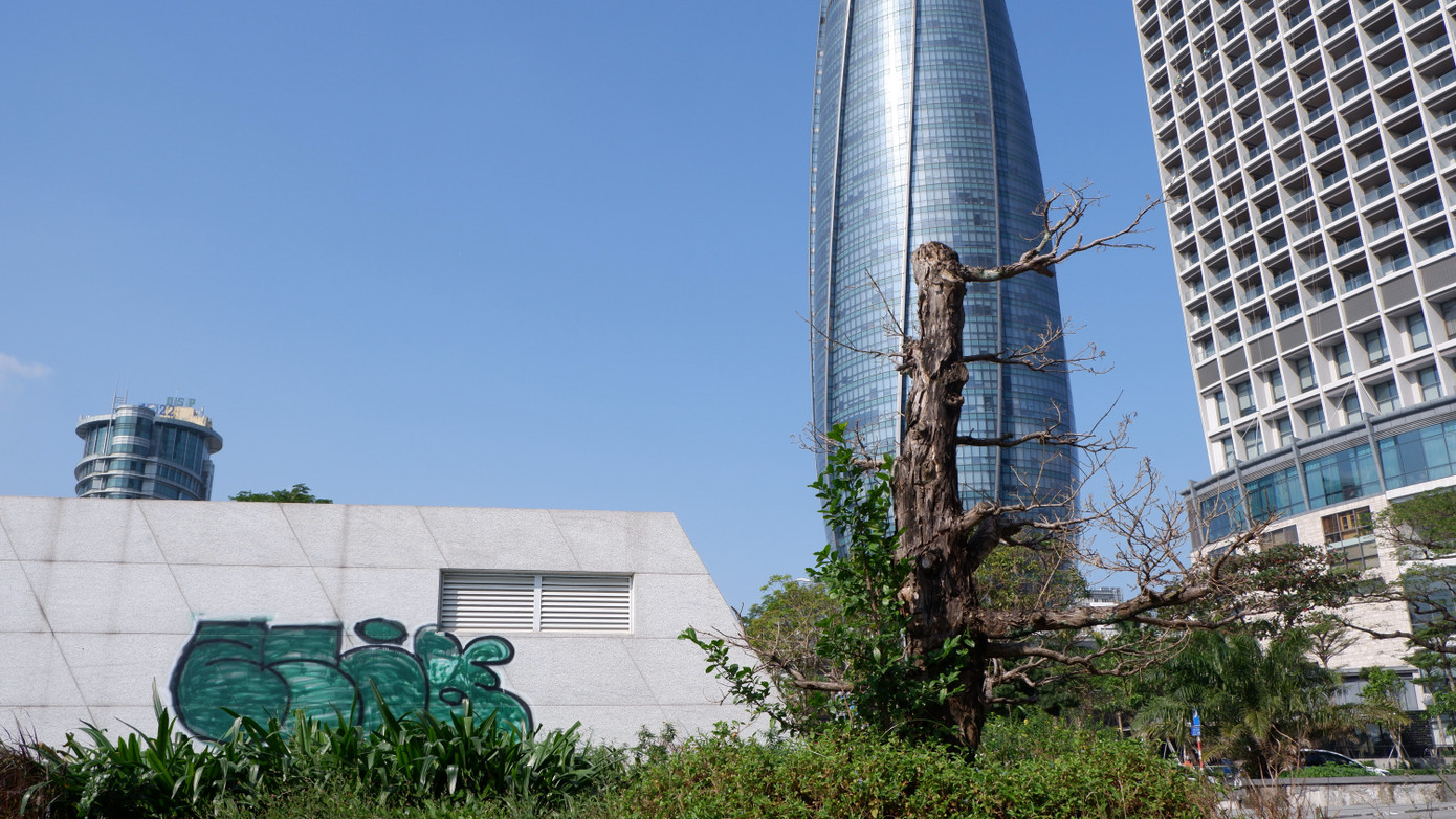 Cây xanh chết khô, các hạng mục bị vẽ bậy gây mất mỹ quan đô thị khu vực trung tâm TP. Đà Nẵng.