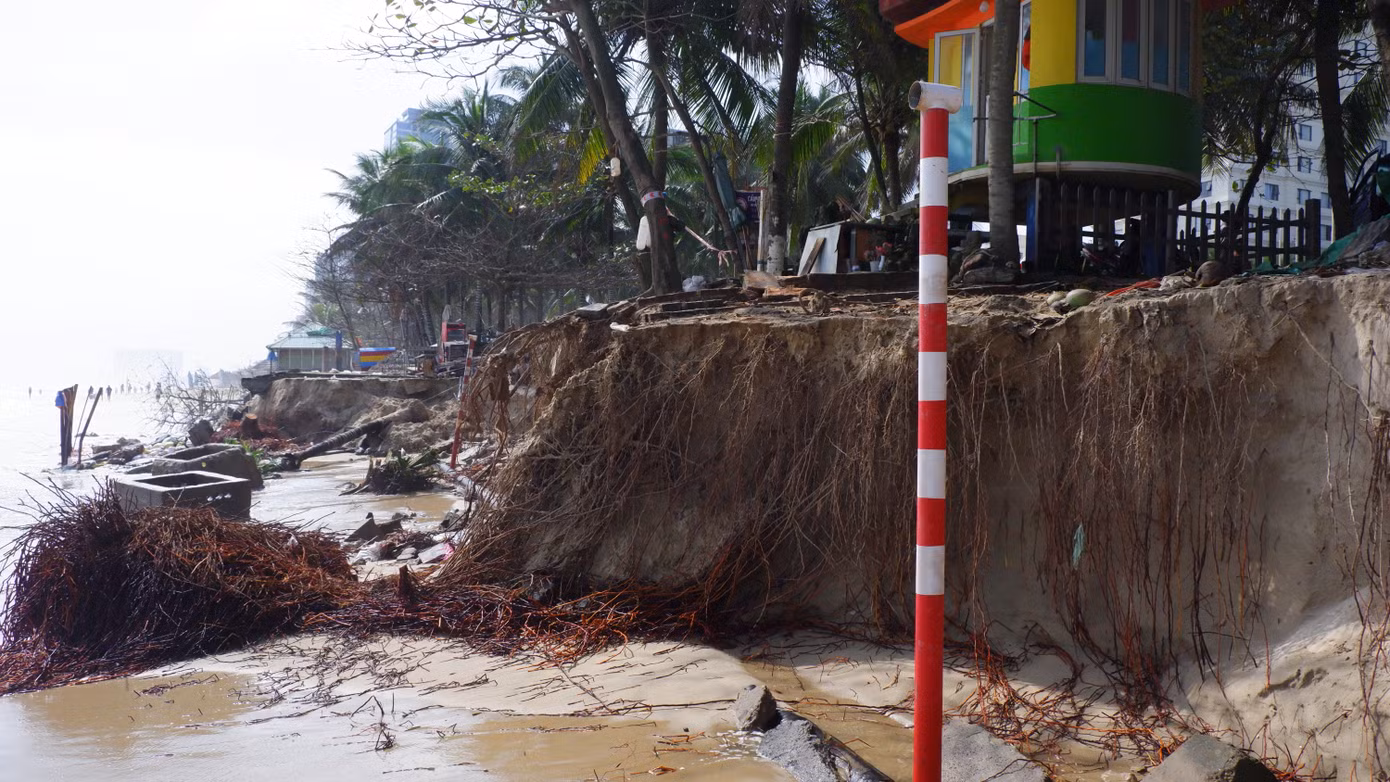 Bãi biển sạt lở nghiêm trọng khiến các hộ kinh doanh mất mặt bằng, nhiều người phải tháo dỡ các cửa hàng, di dời các chòi trên bãi biển lên bờ.