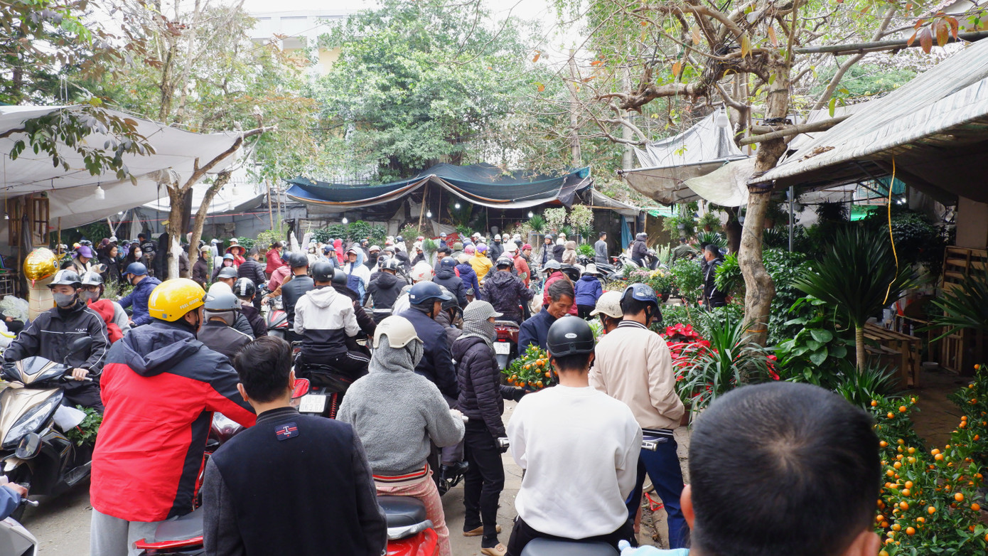 Chợ hoa ở đoạn đường Phạm Hồng Thái chật kín người trong ngày cuối cùng của năm Giáp Thìn.
