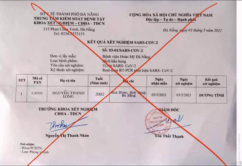 Văn bản giả kết quả xét nghiệm SARS-CoV-2 được đưa lên mạng xã hội.