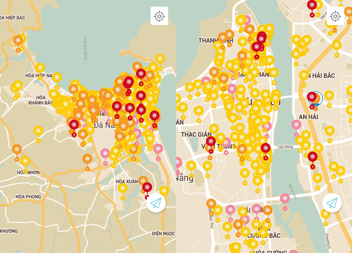 Dày đặc các địa điểm liên quan đến các ca mắc COVID-19 và nơi có yếu tố dịch tễ liên quan trên bản đồ COVID-19 của app cứu hộ (Kuuho) Đà Nẵng. Dày đặc các địa điểm liên quan đến các ca mắc COVID-19 và nơi có yếu tố dịch tễ liên quan trên bản đồ COVID-19 của app cứu hộ (Kuuho) Đà Nẵng.