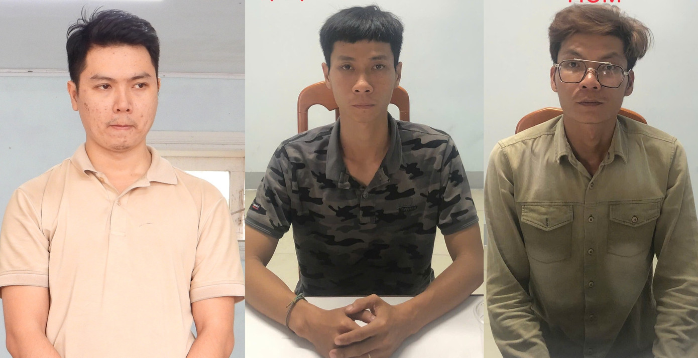 Từ trái qua, các đối tượng Huỳnh Trọng Hiệp, Phạm Viết Vinh và Nguyễn Thành Đạt bị bắt giữ