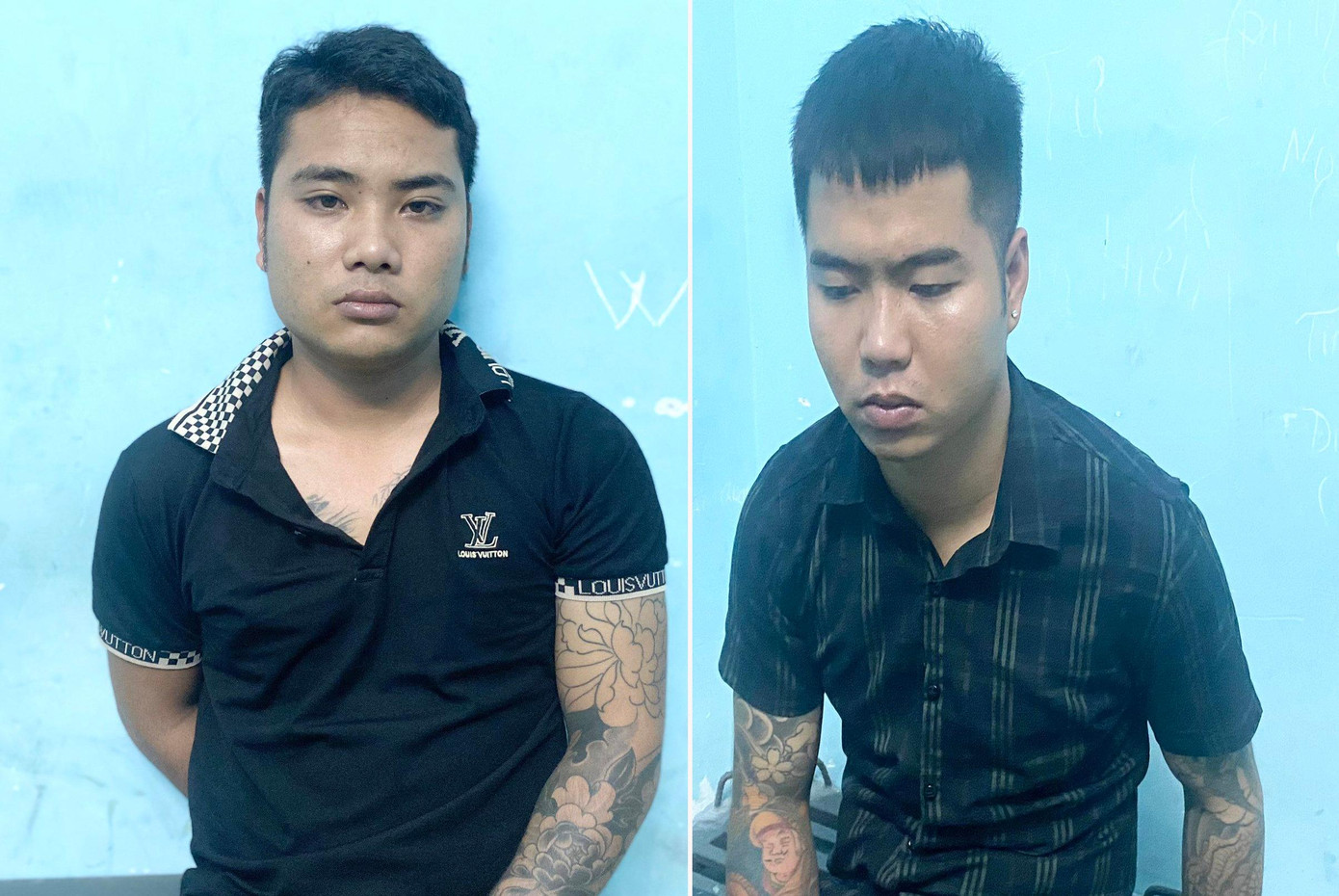 Hai đối tượng Hoàng Văn Minh, Hoàng Văn Hùng tại cơ quan công an.