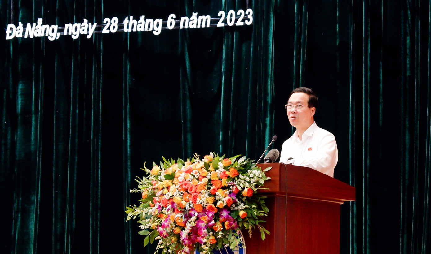 Chủ tịch nước Võ Văn Thưởng phát biểu tại buổi tiếp xúc cử tri. (Ảnh: Nguyễn Thành)