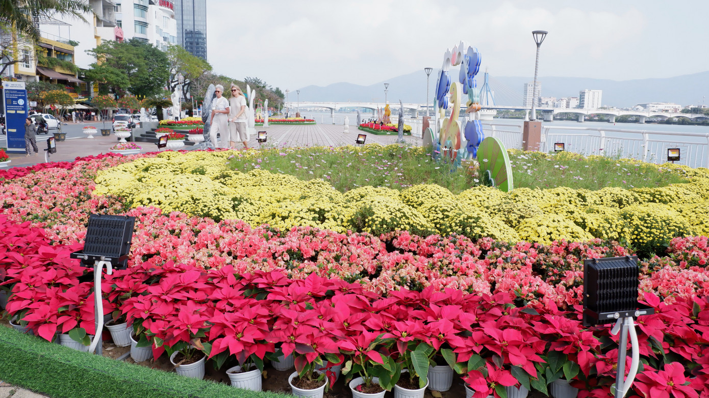 Các tiểu cảnh trang trí hoa ngay trước chợ nổi tiếng bậc nhất Đà Nẵng đã thu hút du khách trước, trong và sau Tết.