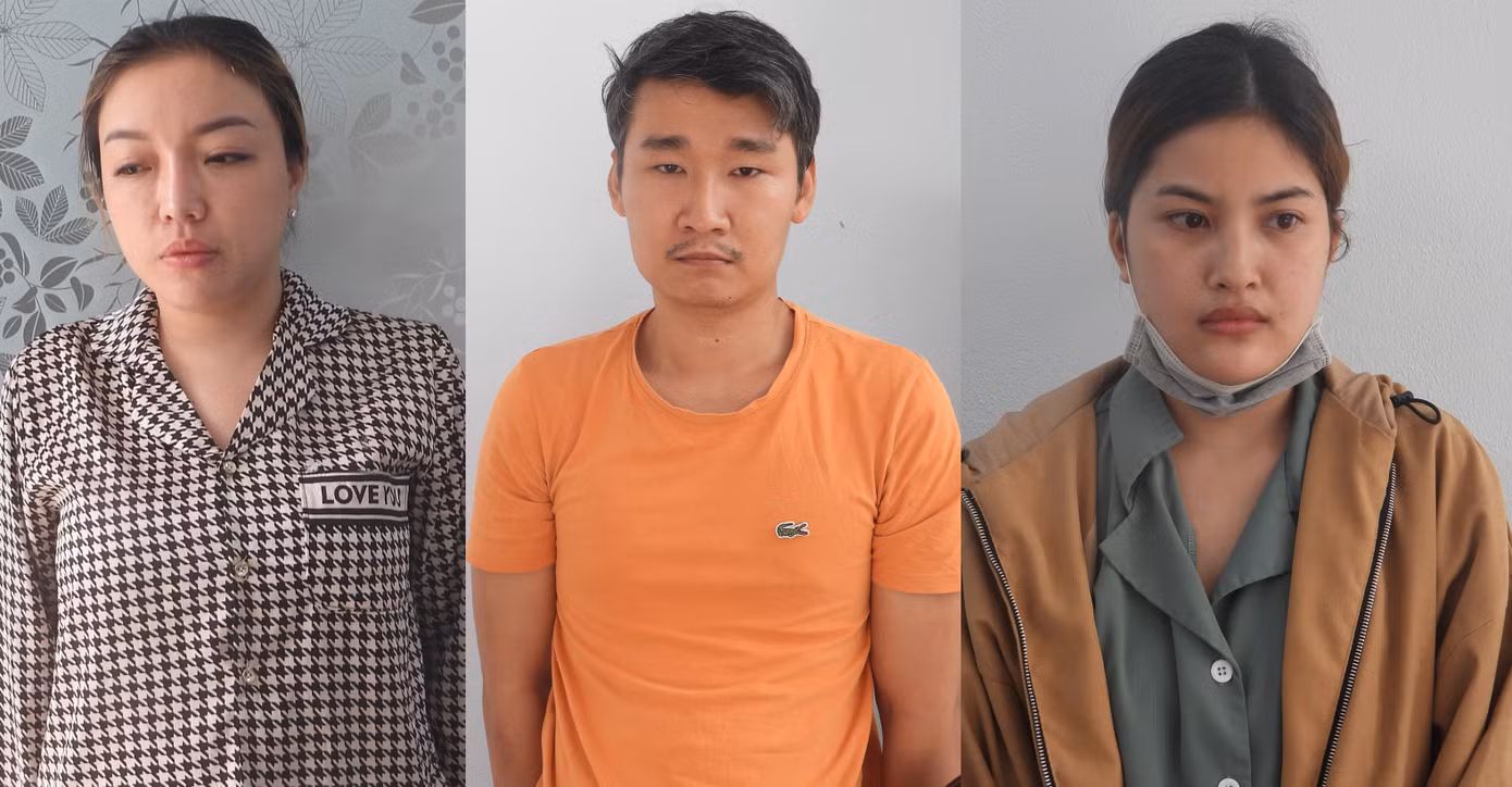 Trần Thị Hương Thảo, Nguyễn Đặng Hùng và Bùi Thị Thanh Thảo (từ trái qua) tại cơ quan công an.