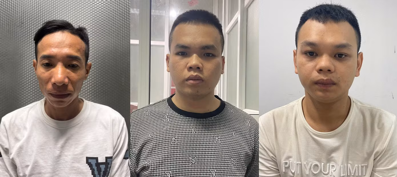 Ba đối tượng Lê Văn Cường, Lê Văn Tuấn và Lê Huỳnh Đức (từ trái qua) tại cơ quan Công an.