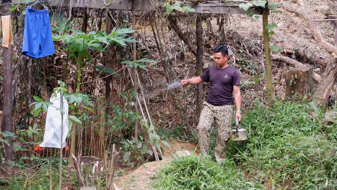 Để có thêm nguồn thực phẩm, anh em tăng gia, chăm bón từng cây rau xung quanh lán trại.