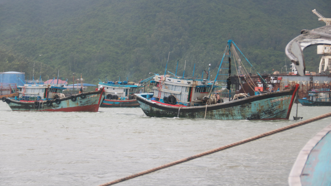 Các tàu cá miền trung nối đuôi nhau vào âu thuyền Thọ Quang tránh bão.