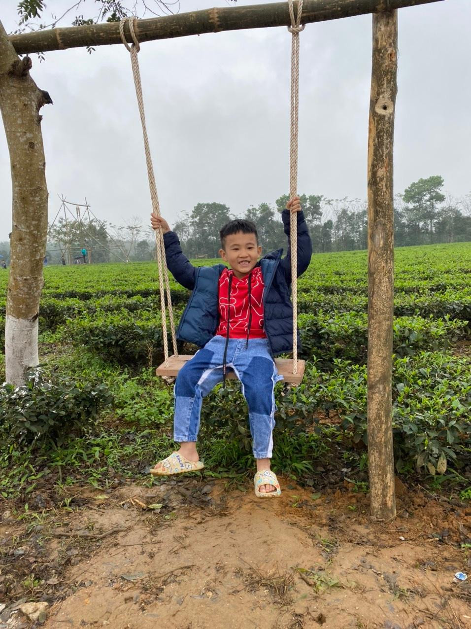 Thích thú bên xích đu giữa vườn chè xanh.