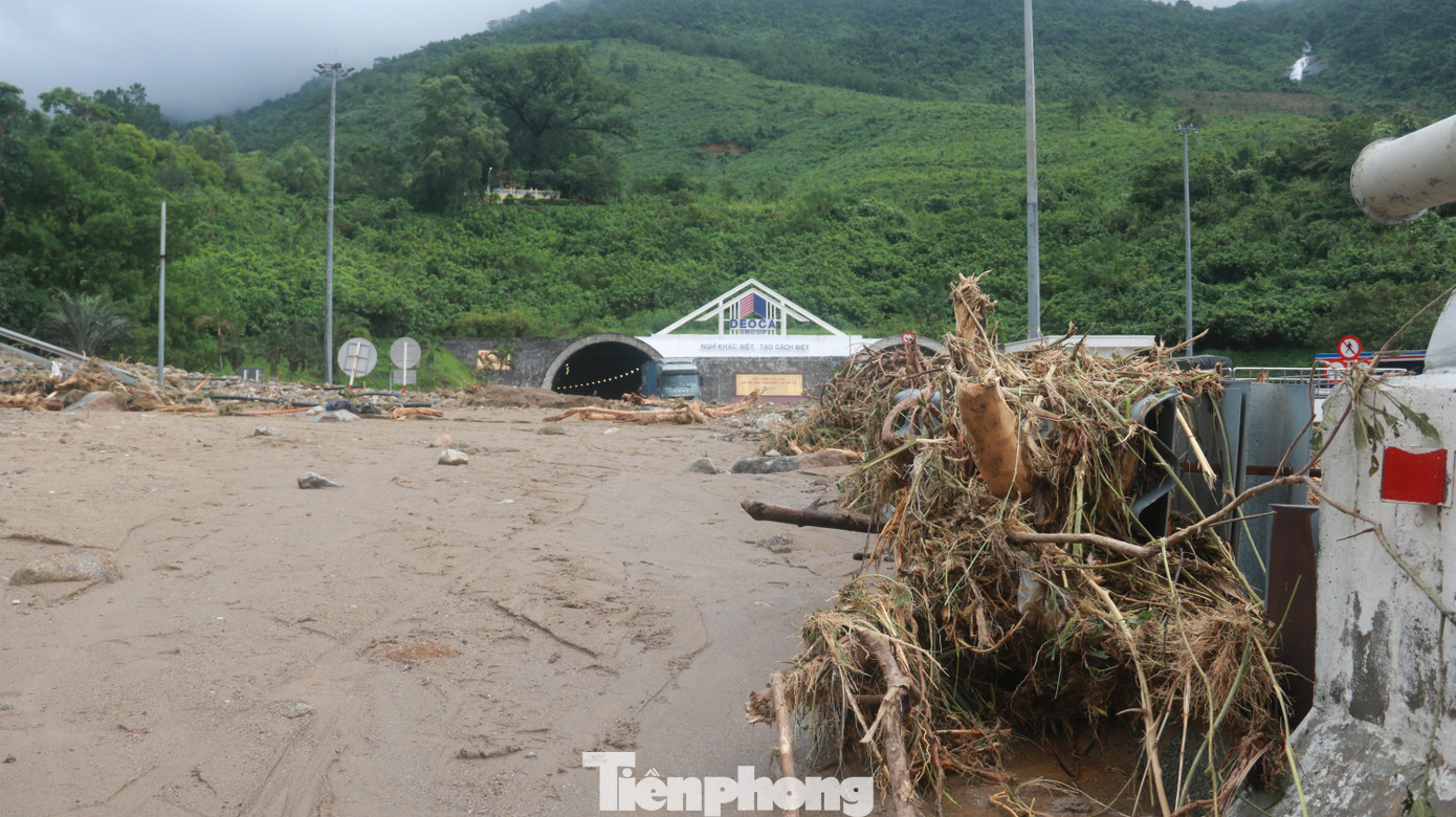 Hiện trường ngổn ngang, cây cối cùng đất đá chắn lối vào miệng số 1. Ảnh: Nguyễn Thành