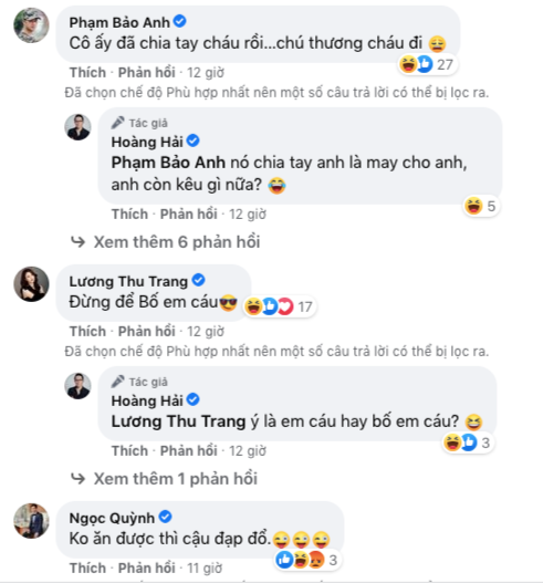 Bảo Anh, Lương Thu Trang, Ngọc Quỳnh để lại bình luận bên dưới bài đăng của NSƯT Hoàng Hải.