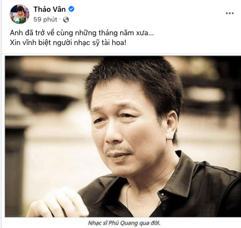 "Anh đã trở về cùng những tháng năm xưa. Xin vĩnh biệt người nhạc sĩ tài hoa" - MC Thảo Vân chia sẻ. "Anh đã trở về cùng những tháng năm xưa. Xin vĩnh biệt người nhạc sĩ tài hoa" - MC Thảo Vân chia sẻ.