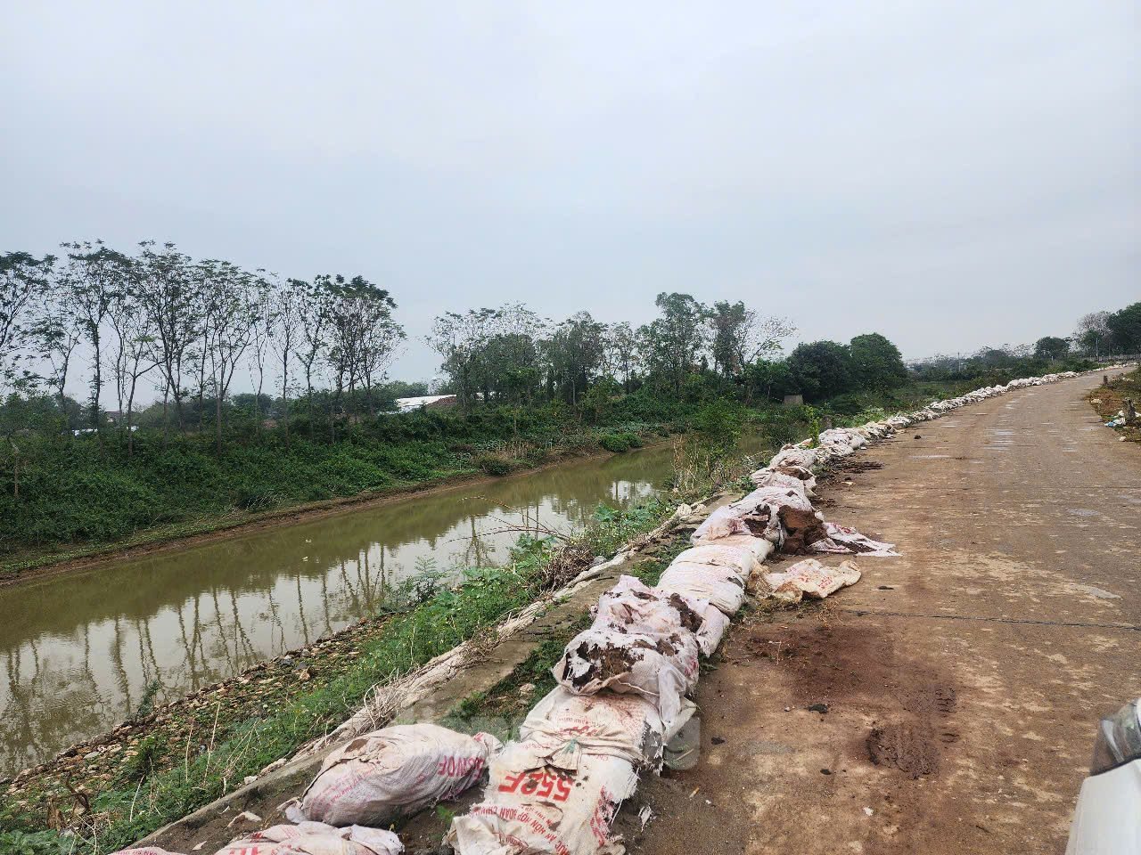 UBND thành phố Hà Nội giao UBND huyện Chương Mỹ chủ trì, phối hợp với Chi cục Thủy lợi và Phòng, chống thiên tai duy trì thực hiện việc cảnh báo, thực hiện các biện pháp đảm bảo an toàn cho các tuyến đê; đồng thời, đảm bảo an toàn cho người và tài sản của nhân dân sinh sống sát ven sông, người và phương tiện tham gia giao thông trên tuyến đê phạm vi sạt lở. Trong ảnh: Bờ bao bằng đất, gạch được dựng để ứng phó với bão số 3 và mưa lũ sau bão.