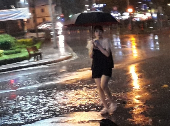 Một cô gái xuống phố du xuân dưới cơn mưa nặng hạt. Một cô gái xuống phố du xuân dưới cơn mưa nặng hạt.