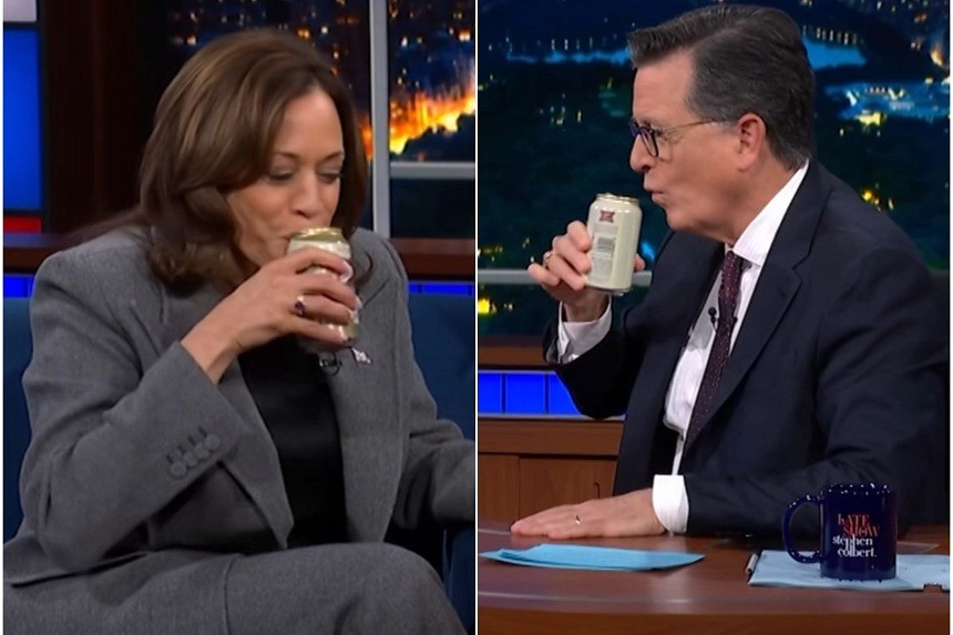 Phó Tổng thống Mỹ Kamala Harris uống bia với người dẫn chương trình Stephen Colbert. (Ảnh: Facebook)