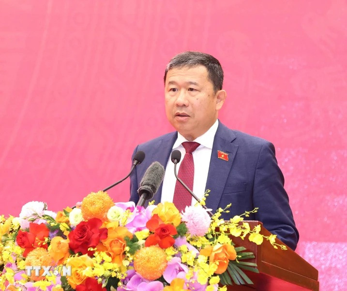 Đồng chí Vũ Hải Hà - Ủy viên Trung ương Đảng, Chủ nhiệm Ủy ban Đối ngoại của Quốc hội, phát biểu tại Lễ kỷ niệm. (Ảnh: Phương Hoa/TTXVN)