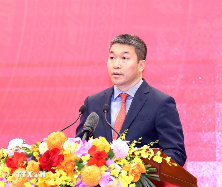 Đồng chí Phan Anh Sơn - Chủ tịch Liên hiệp các tổ chức hữu nghị Việt Nam, phát biểu. (Ảnh: Phương Hoa/TTXVN)