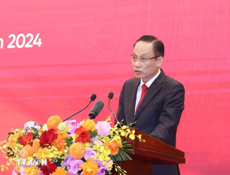 Đồng chí Lê Hoài Trung - Bí thư Trung ương Đảng, Trưởng ban Đối ngoại Trung ương, đọc diễn văn Lễ kỷ niệm. (Ảnh: Phương Hoa/TTXVN)