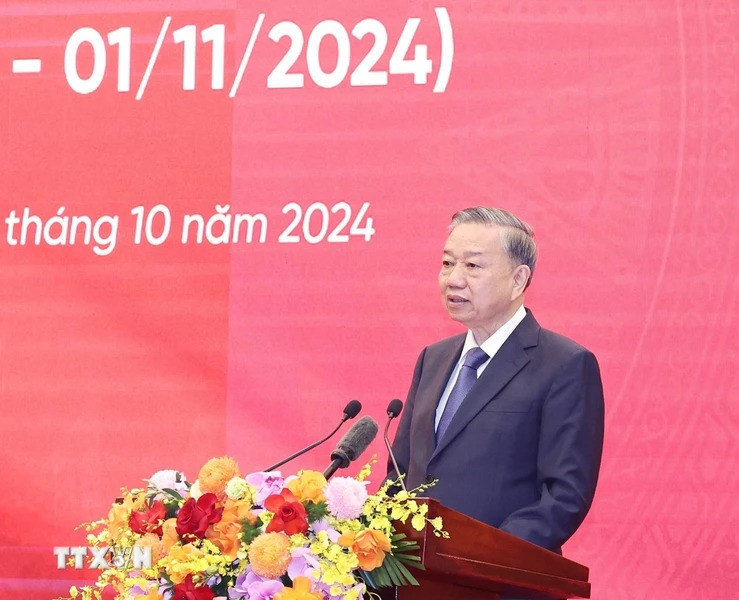 Tổng Bí thư Tô Lâm phát biểu tại Lễ kỷ niệm 75 năm Ngày truyền thống Ban Đối ngoại Trung ương. (Ảnh: Thống Nhất/TTXVN)