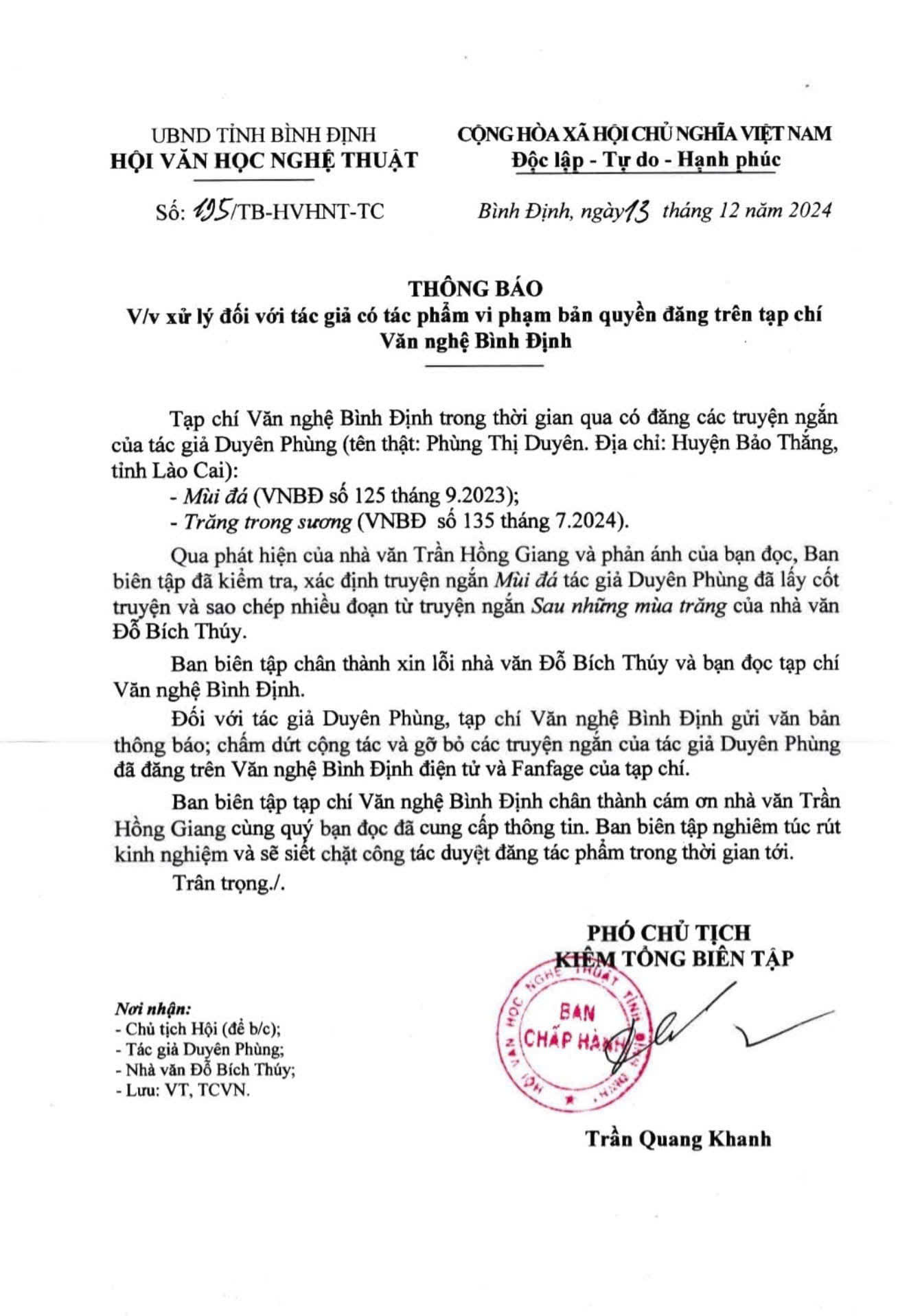 Thông báo của Hội Văn học Nghệ thuật Bình Định về vấn đề xử lý đối với tác phẩm của tác giả Duyên Phùng.