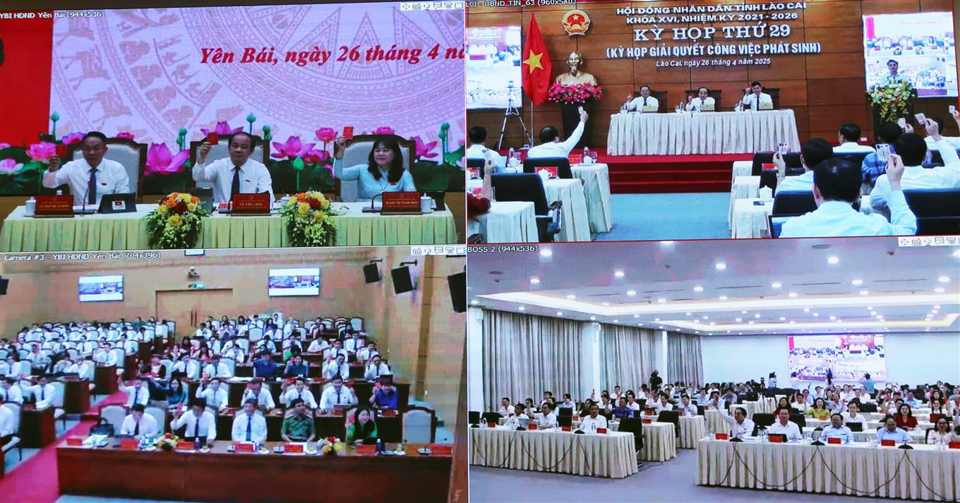 Qua kết nối trực tuyến, 100% đại biểu đã biểu quyết tán thành việc hợp nhất 2 tỉnh Yên Bái và Lào Cai. Qua kết nối trực tuyến, 100% đại biểu đã biểu quyết tán thành việc hợp nhất 2 tỉnh Yên Bái và Lào Cai.