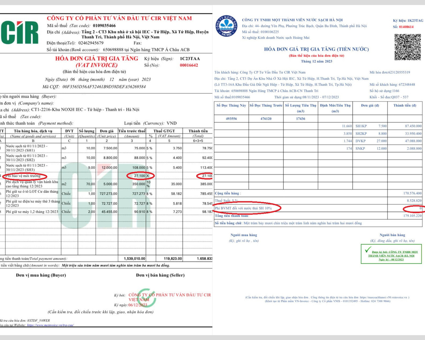 Hóa đơn do Cty CIR xuất cho từng hộ dân có thu phí bảo vệ môi trường 10% trên hóa đơn tiền nước. Hóa đơn do Cty CIR xuất cho từng hộ dân có thu phí bảo vệ môi trường 10% trên hóa đơn tiền nước.