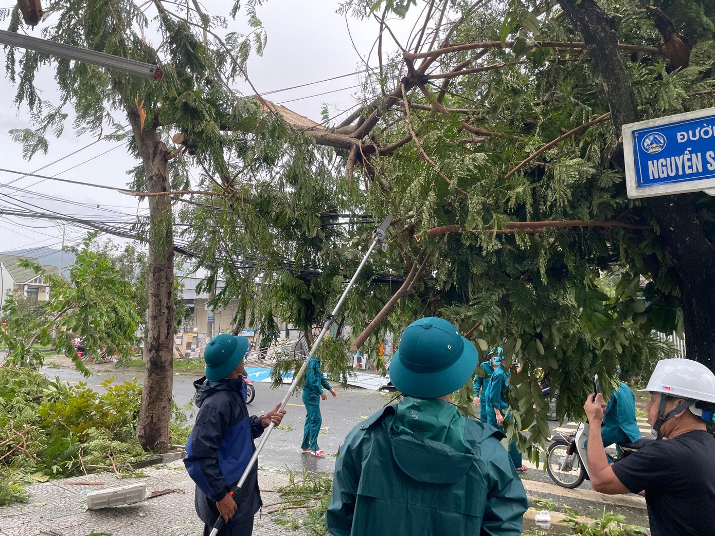 Một cây ngã đổ vào dây điện, dân quân phường Mẫn Thái xuống hỗ trợ người dân chặt hạ cây.