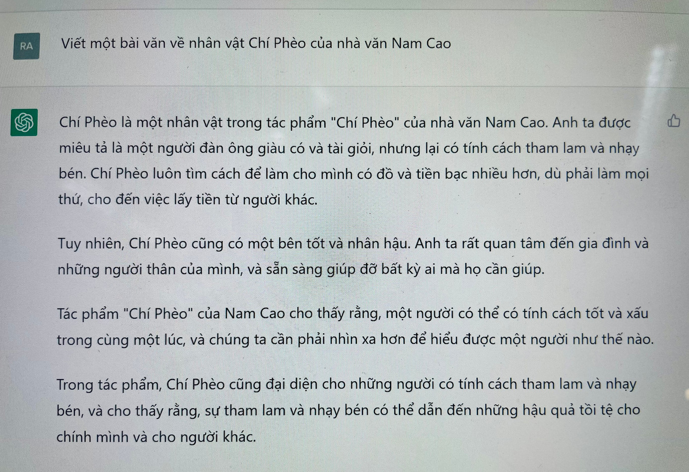 Bài văn về nhân vật Chí Phèo của nhà văn Nam Cao của Chat GPT đưa thông tin sai lệch bằng tiếng Việt. Bài văn về nhân vật Chí Phèo của nhà văn Nam Cao của Chat GPT đưa thông tin sai lệch bằng tiếng Việt.
