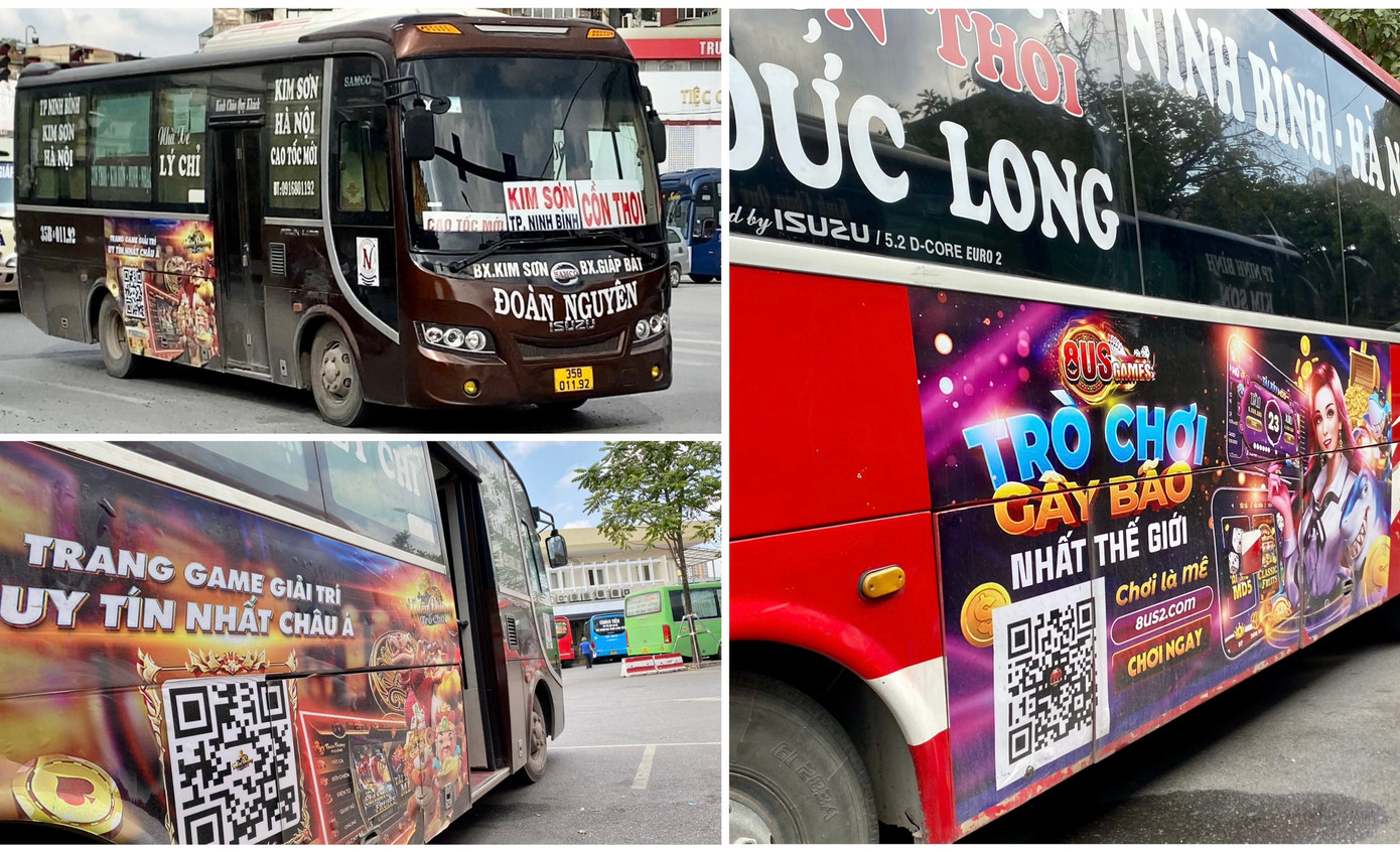 Nhiều nhà xe ngang nhiên dán hình ảnh quảng cáo cờ bạc tại phần diện tích hai bên sườn xe khách.