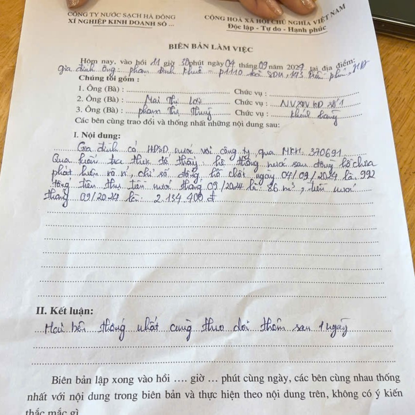 Biên bản làm việc của gia đình anh Ba cùng cty nước sạch Hà Đông.