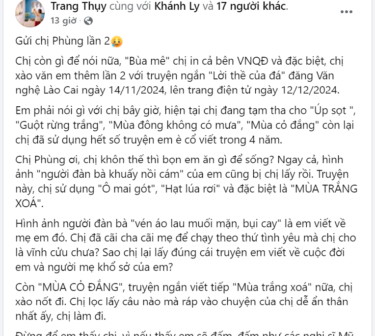 Bài đăng trên trang Facebook của nhà văn Trang Thụy. Bài đăng trên trang Facebook của nhà văn Trang Thụy.