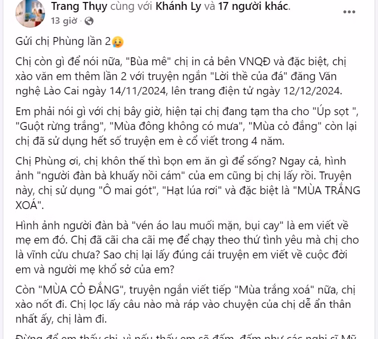 Bài đăng trên trang Facebook của nhà văn Trang Thụy. Bài đăng trên trang Facebook của nhà văn Trang Thụy.