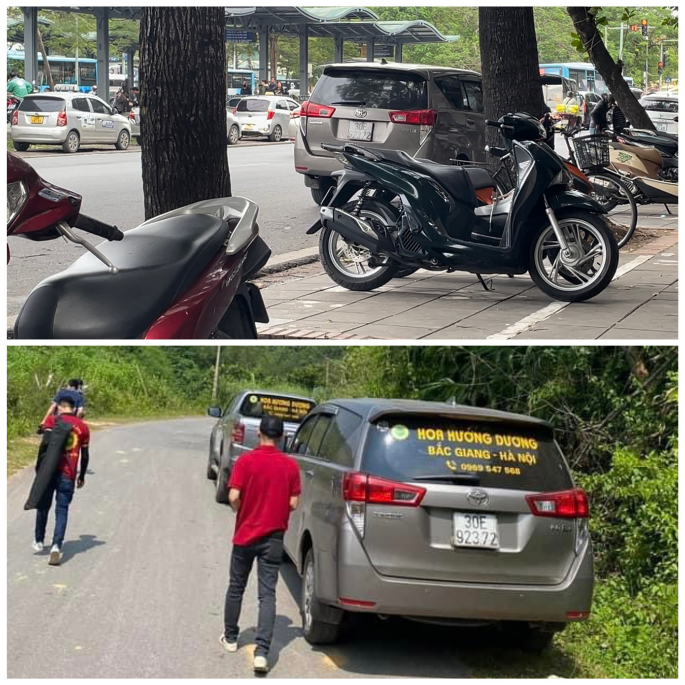 Ảnh trên, chiếc xe biển kiểm soát 30E92372 đã được bóc toàn bộ tên thương hiệu để chở khách vào chiều 14/11 tại Yên Phụ, Hà Nội. Ảnh dưới, chiếc xe cùng biển số được dán đầy đủ tên "Xe Hoa Hướng Dương" (ảnh trên mạng xã hội Facebook của hãng xe này).