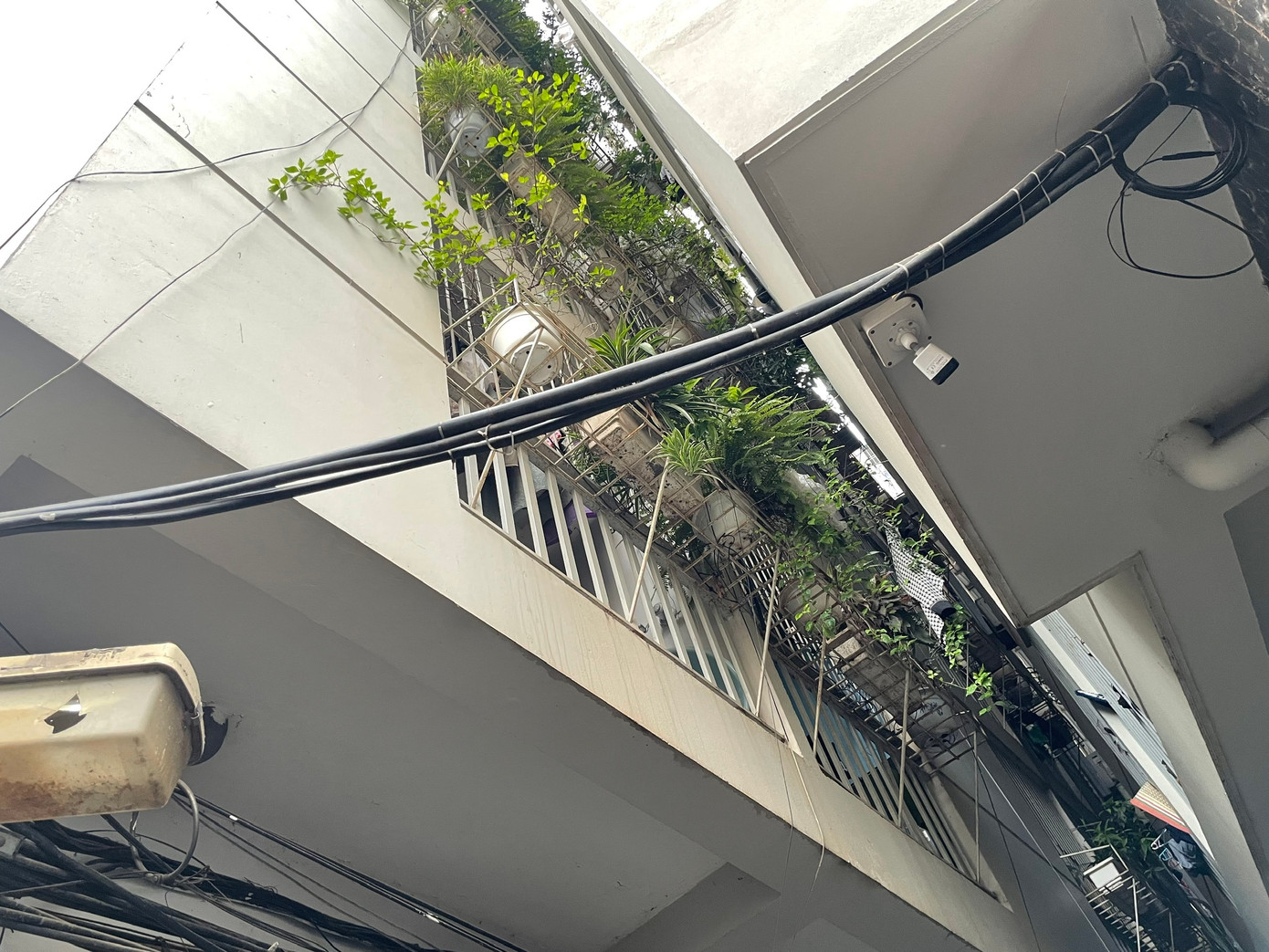 Mặt tiền chung cư Bình An được quây kín dạng chuồng cọp, cùng với dây điện chằng chịt. Mặt tiền chung cư Bình An được quây kín dạng chuồng cọp, cùng với dây điện chằng chịt.