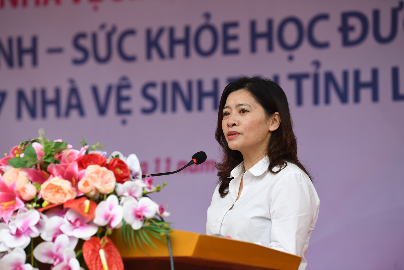 Bà Đỗ Thị Kim Hoa, Uỷ viên đoàn chủ tịch Uỷ ban Trung ương Hội Liên hiệp Thanh niên, Giám đốc Trung tâm Tình nguyện Quốc gia phát biểu trong chương trình.