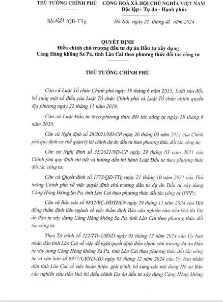 Quyết định 1621/QĐ-TTg ngày 21/12 về điều chỉnh chủ trương đầu tư dự án Đầu tư xây dựng Cảng Hàng không Sa Pa, tỉnh Lào Cai. Quyết định 1621/QĐ-TTg ngày 21/12 về điều chỉnh chủ trương đầu tư dự án Đầu tư xây dựng Cảng Hàng không Sa Pa, tỉnh Lào Cai.