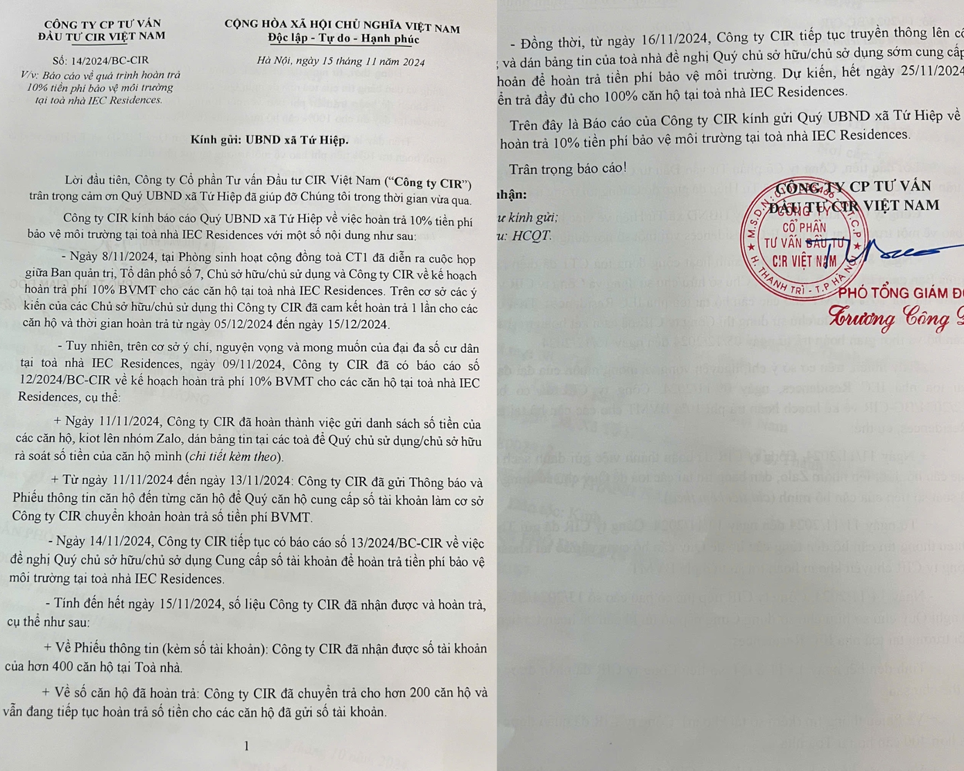 Văn bản công ty CIR gửi UBND xã Tứ Hiệp về quá trình hoàn trả tiền phí bảo vệ môi trường tại toà nhà IEC Residences.