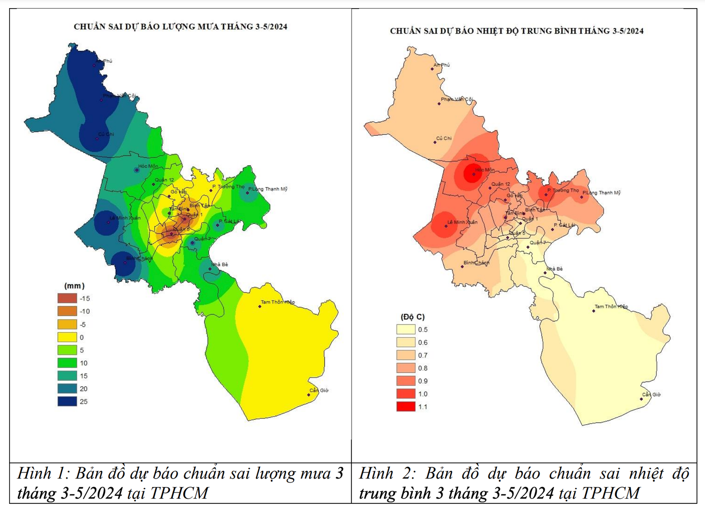 Bản đồ dự báo nhiệt độ và lượng mưa 3 tháng (từ tháng 3 đến tháng 5/2024) tại TPHCM. Nguồn: Đài Khí tượng Thủy văn Nam bộ