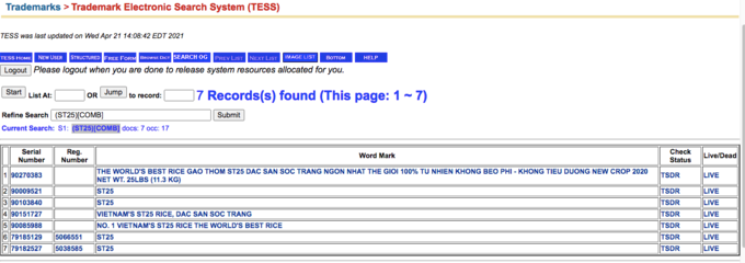Ảnh chụp màn hình của USPTO Ảnh chụp màn hình của USPTO