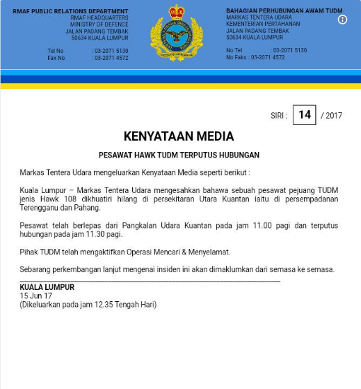 Máy bay quân sự Malaysia biến mất khỏi màn hình radar ảnh 1
