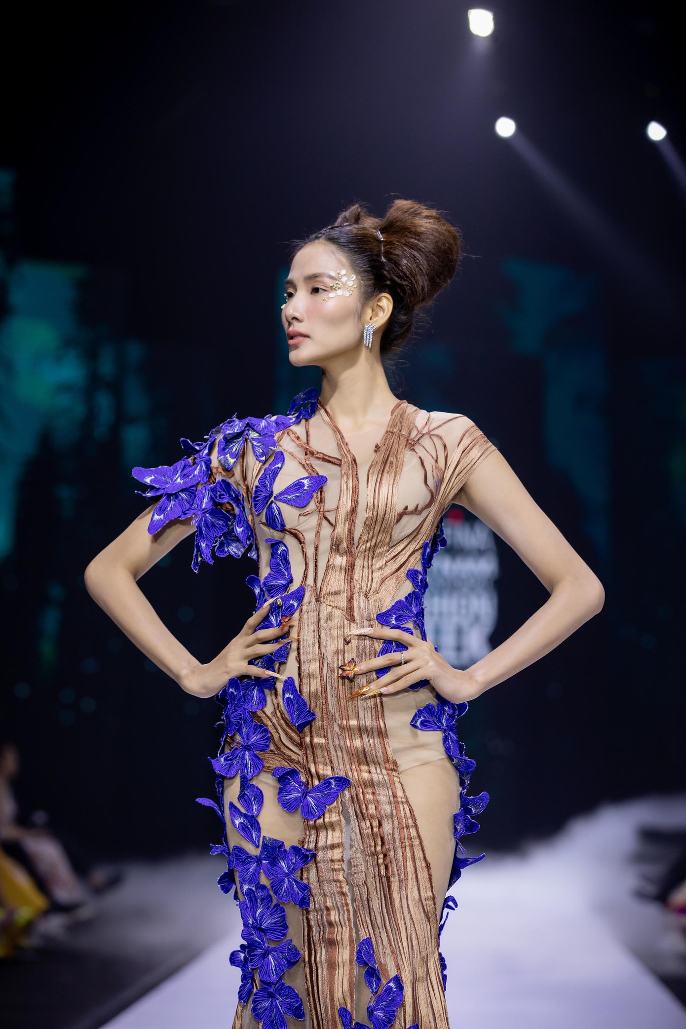 Á hậu Hoàng Thùy cũng có một màn xuất hiện ấn tượng trên sàn diễn khi diện bộ váy dạ hội đính họa tiết bướm cầu kỳ.