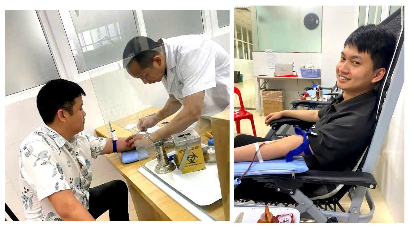 Thượng uý Lê Trọng Quyền (trái) và trung uý Nguyễn Trung Đức hiến máu tại Khoa Huyết học Bệnh viện Đa khoa tỉnh Thanh Hóa Thượng uý Lê Trọng Quyền (trái) và trung uý Nguyễn Trung Đức hiến máu tại Khoa Huyết học Bệnh viện Đa khoa tỉnh Thanh Hóa