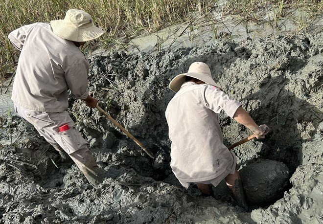 Quả bom được đưa lên mặt đất.